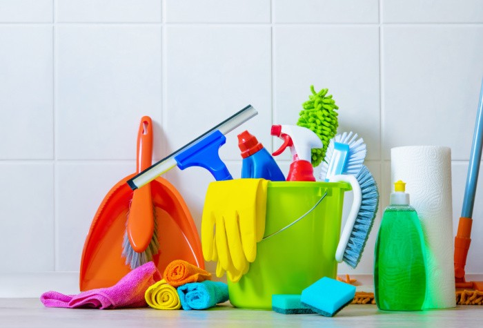 Cleaning Products in Small Bucket Stock Photo - Image of rubber